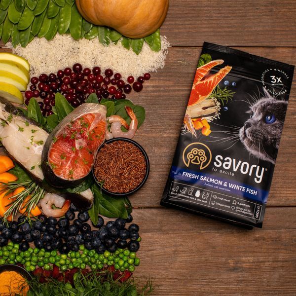 Сухой корм для длинношерстных кошек Savory со свежим лососем и белой рыбой 2 кг (4820232630020) 30020 фото